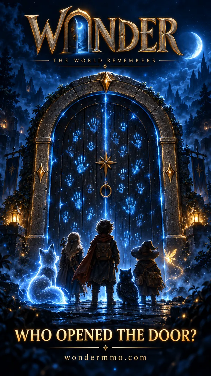 WONDER poster: four companions and their glowing Echoes in front of the Black Door, covered in handprints of light. Who opened the door?